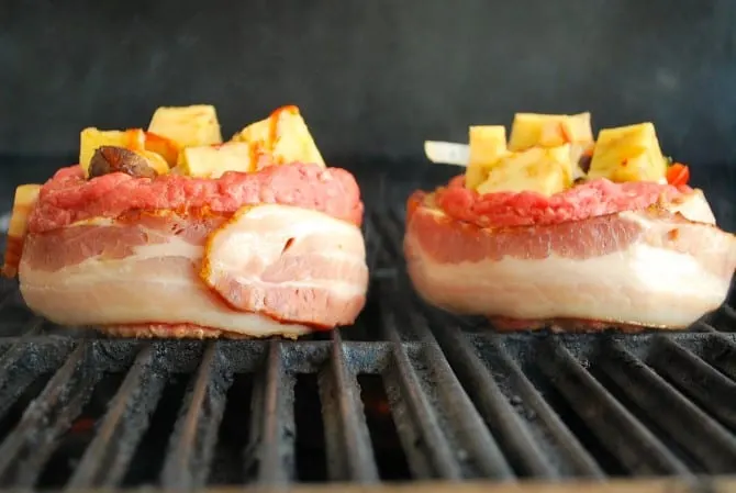 Bacon Wrapped Veggie Stuffed Beer Can Burger