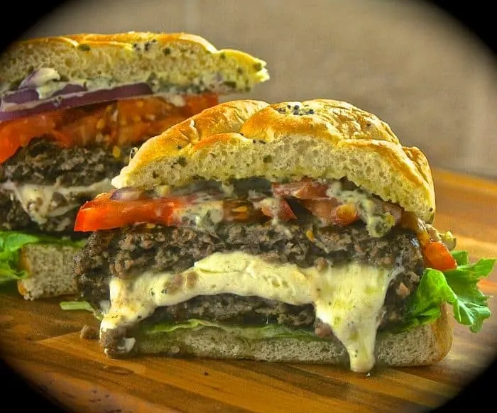 Fresh Mozzarella-Stuffed Pesto Burgers
