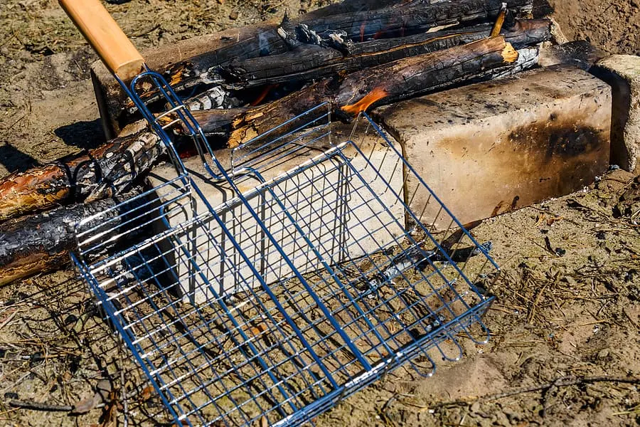 Barbecue grill near the campfire in forest