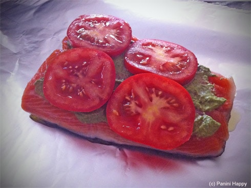 Foil-Grilled Salmon With Pesto And Tomatoes