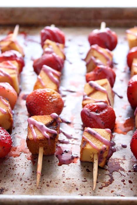 Grilled Strawberry Shortcake Kebabs with Blueberry Glaze