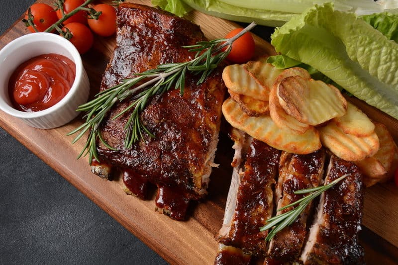 Closeup of pork ribs grilled with BBQ